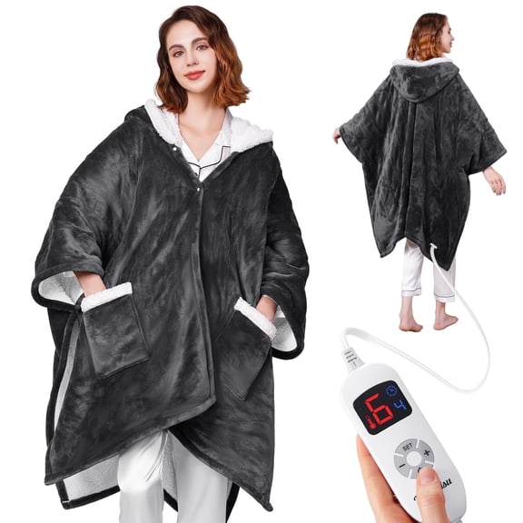 Ocuuziisu Wearable Heated Throw Blanket with Pockets and Hood, 50" x 70" Flannel and Sherpa Electric Wrap, 6 Heating Levels, 4-Hour Auto Shut Off, Machine Washable, Grey