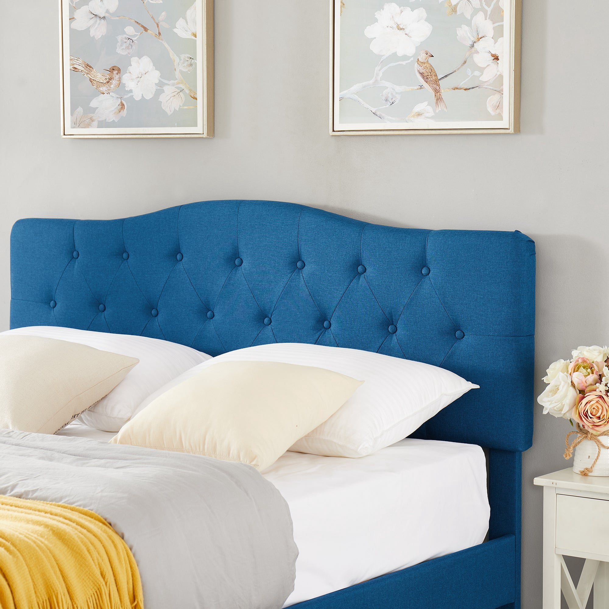 VECELO Upholstered Platform Bed with Adjustable Headboard，Queen Size，Blue