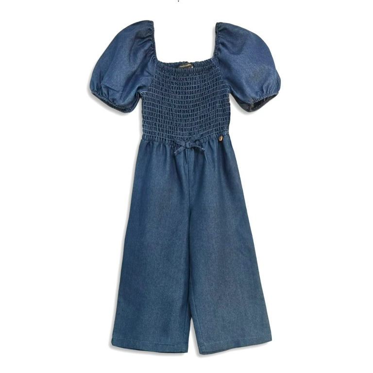 Vince Camuto Little Girl Smocked Bodice Puff Sleeve Denim Jumpsuit (Blue,  5) - Walmart.com