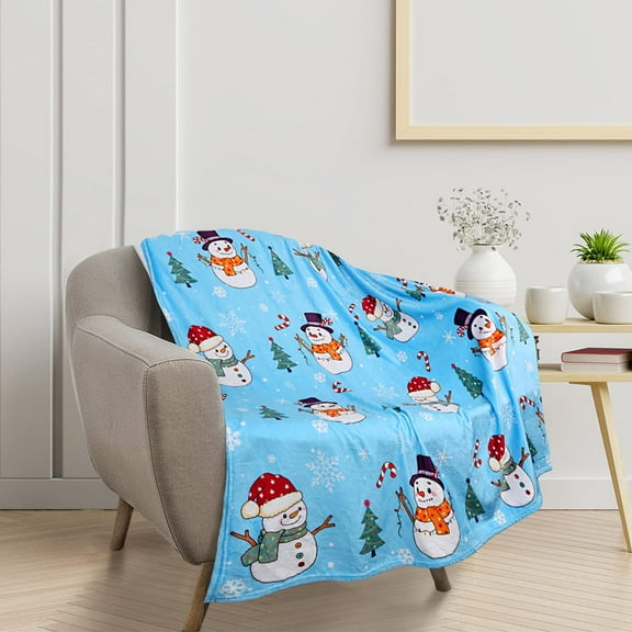 Christmas Blanket Gift Flannel Plush Christmas Throw Blanket Cute Christmas Snowman Holiday Theme Soft Cozy Sofa Blanket 50 x 60Inches Christmas Blue Print