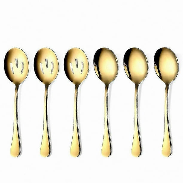 6-Piece Stainless Steel Serving Set, Mirror Polished Finish, Includes 3 Solid Spoons and 3 Slotted Spoons for Elegant Dining