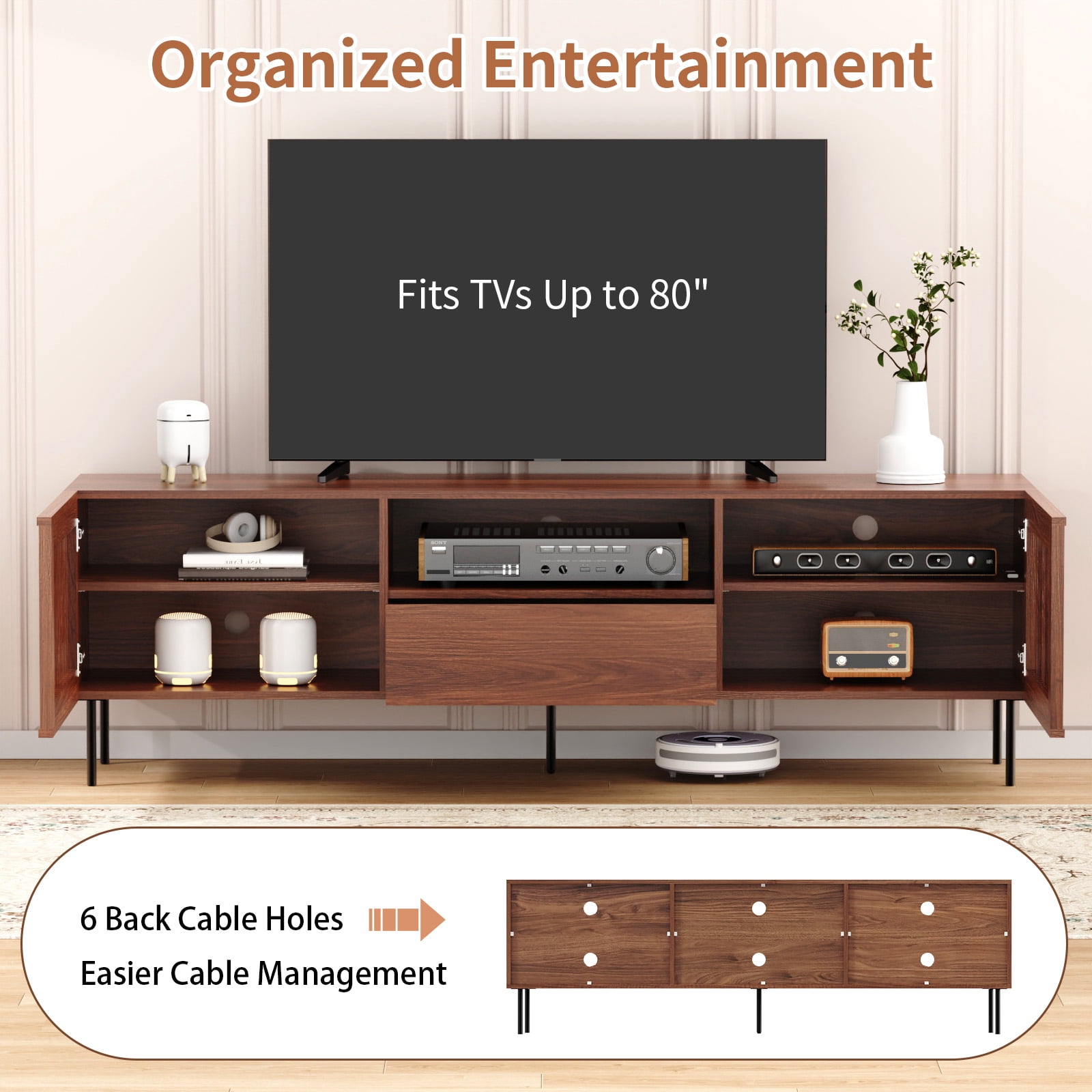 Hommpa TV Stand for 55/65/75/80 inch TV with 2 Slatted Doors and Drawer, Mid Century Modern TV Console for Living Room Bedroom, Storage Cabinets Entertainment Center for Gaming Media Console,Walnut