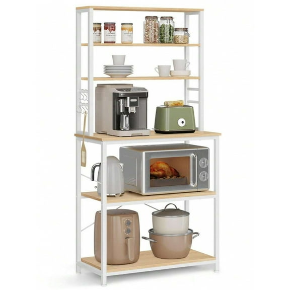 NTGFU Beige Microwave Oven Stand, Kitchen Tall Utility Storage Shelf, Metal Frame, Industrial, 6-Tier Kitchen Shelves with 6 Hooks,15.7 X 31.5 X 65.7 Inches