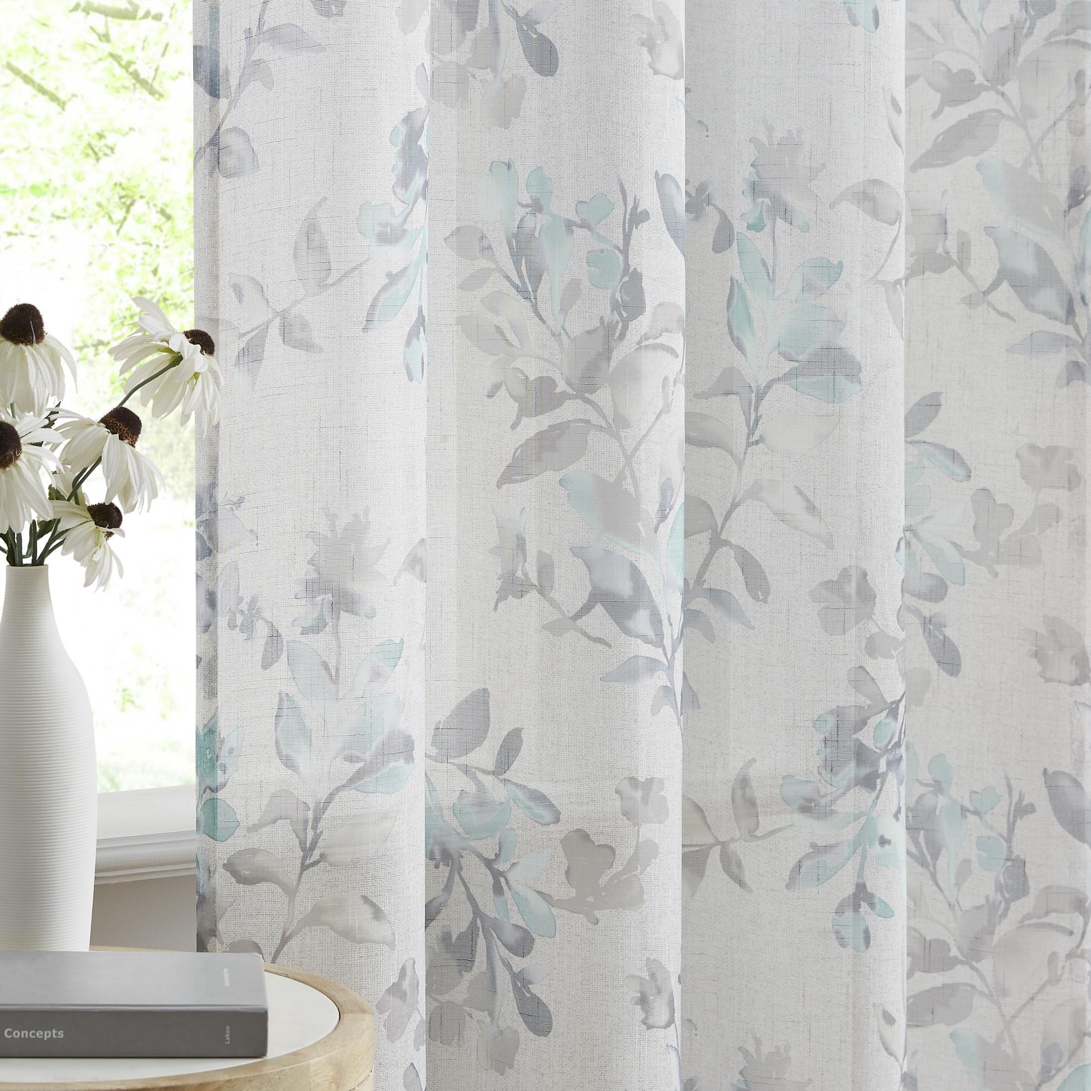 AZZCIA Sheer Curtains 52"x63", Aqua Grey Botanical Leaf Print Linen Texture Grommet Drapes for Living Room