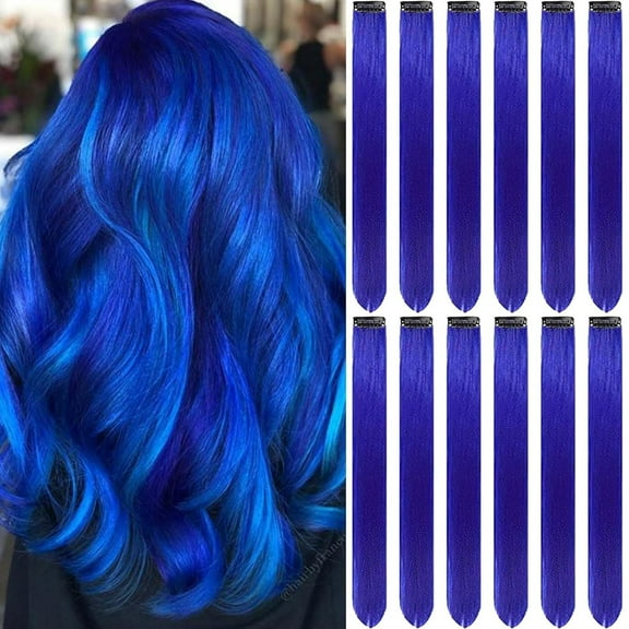 XmhyTop 12 PCS 22 Inch Colored Clip-In Hair Extensions, Straight Synthetic Highlighted Hairpieces for Women, Dark Blue
