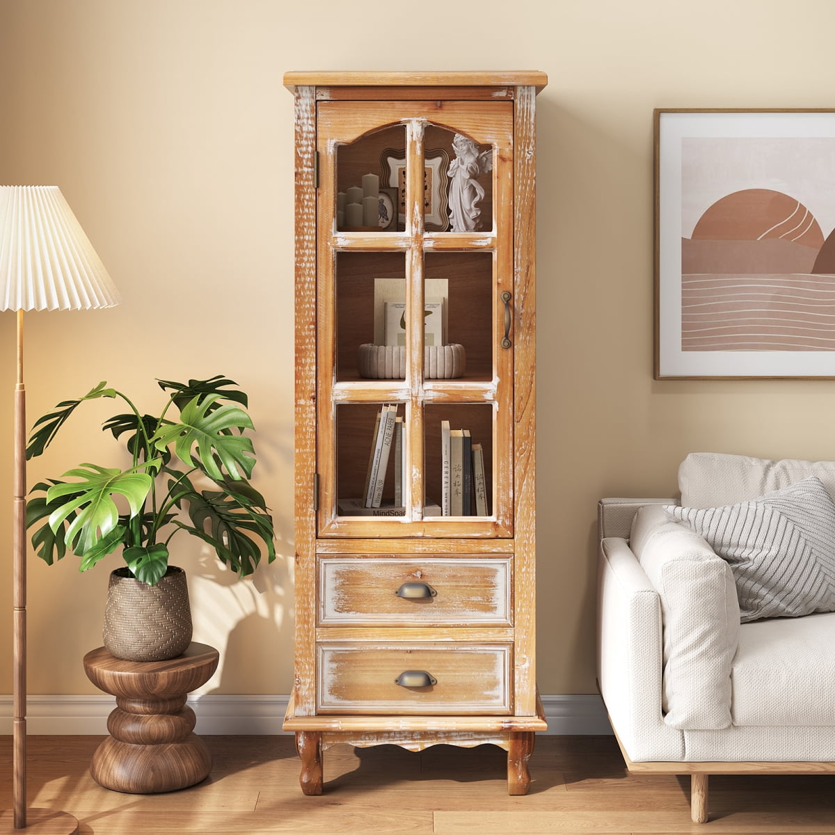 Alina Mid-Century Boho Medium Oak Finished Wood and Rattan 2-Door