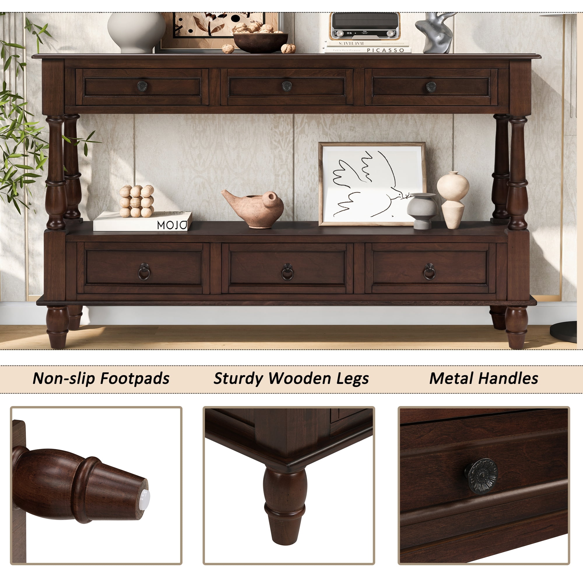BFJDM 54" Solid Wood Farmhouse Console Table, Espresso with 6 Drawers Storage Shelf for Living Room Hallway