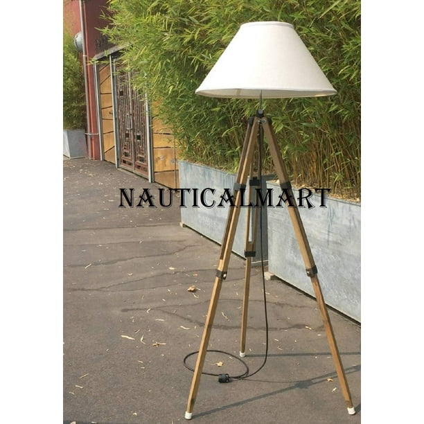 Vintage Tripod Lamp Industrial Wood Floor Beach Coastal Decor Wooden Adjustable Com Vintage Tripod Lamp Industrial, Beach Floor Lamp
