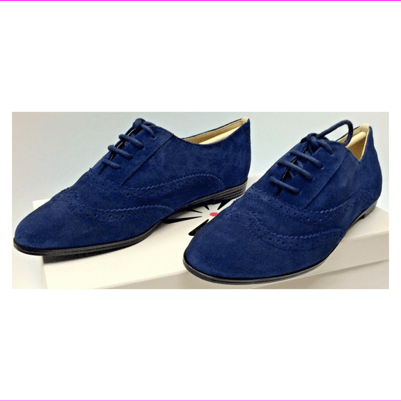 Isaac Mizrahi 'Fiona' Dark Blue Suede Pinhole Lace Up Wingtip Oxford Flats 6 W