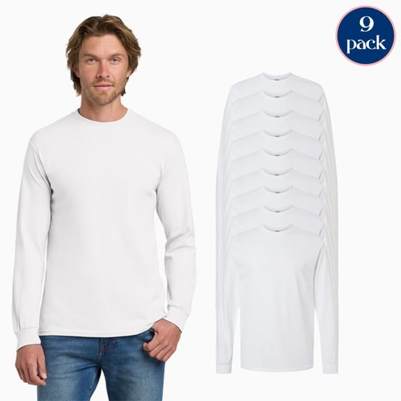 Gildan Men's Heavy Cotton Long Sleeve T-Shirt, 9-Pack Comfort Fit Long Sleeve, White Casual Tee, S