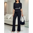 thumbnail image 2 of Women’s 2 Piece Outfit – Black Puff Sleeve Top and Flared Pants Business Casual Set with Belt, 2 of 8
