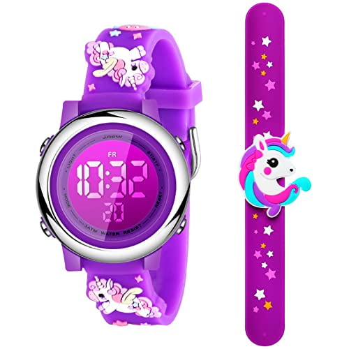 2 Pieces Kids Unicorn Watch Toddler Watch and Silicone Wristband Cute 3D Kids Digital Watch Waterproof 7 Color Lights Watch with Alarm Stopwatch Watches for 3 10 Year Girls Mysterious Deep Purple Walm...