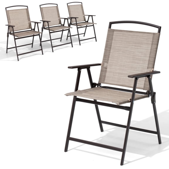 Crestlive Products Folding Patio Chair Set of 4, Outdoor Folding Chairs, Camping and Lawn Chairs with Armrest, Beige