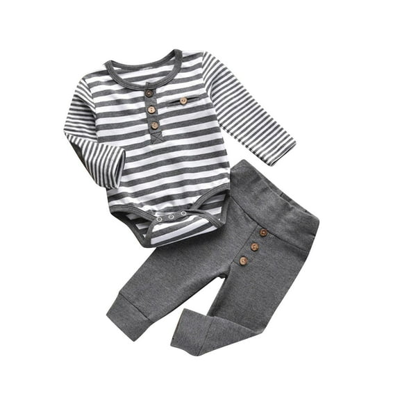 Odeerbi Baby Boys Girls Layette Set Long Sleeve Romper Jumpsuit Outfits Cotton Baby Clothes Baby Printed Solid Color T-Shirt Round Neck Bodysuit Sets Gray