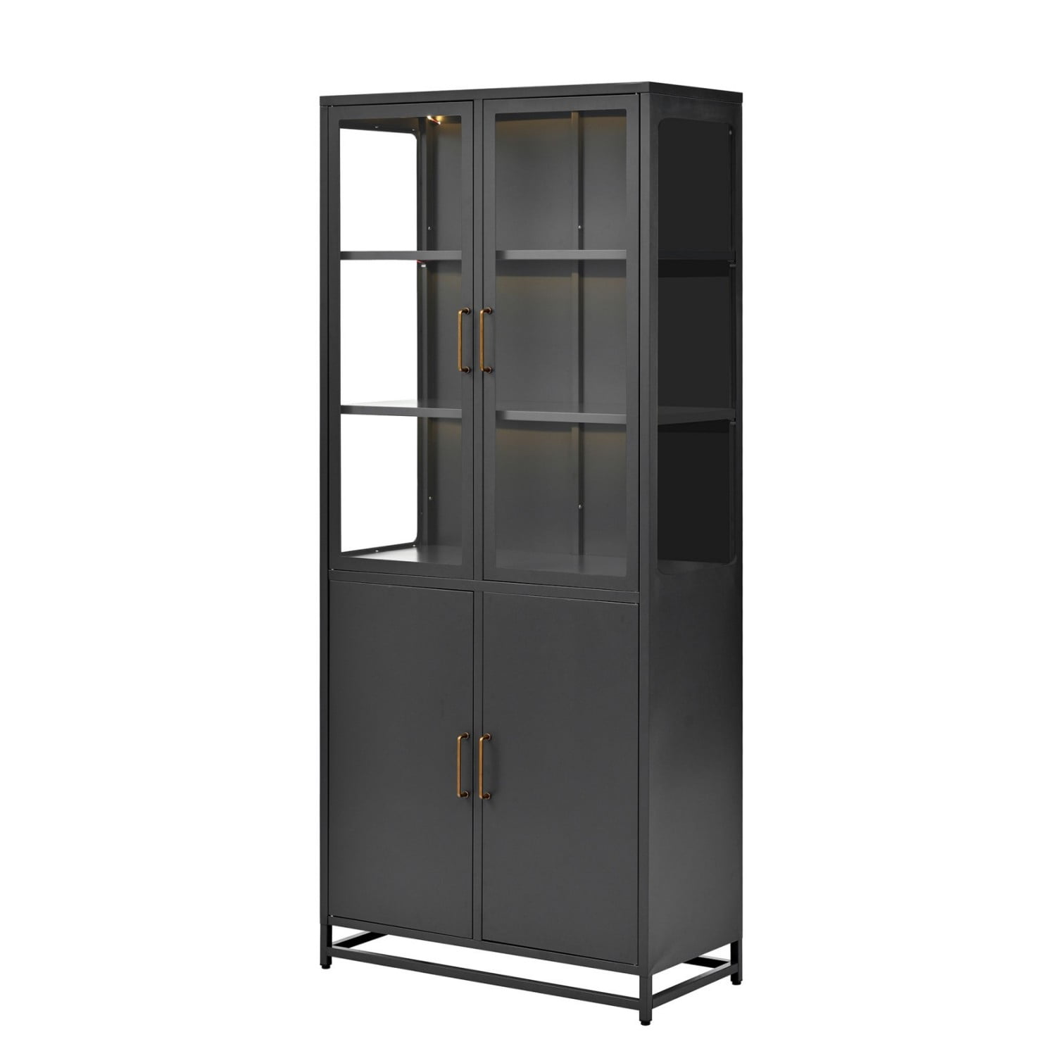76.75" Tall Glass Display Cabinet with LED Lights, Steel Curio Cabinet with 3-Sided Glass, Double Door Storage Cabinet for Kitchen Living Room Office Pantry Home Decor, Black