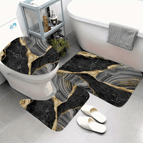 Black & Gold Marble 3-Piece Bath Rug Set, Non-Slip Polyester Bathroom Mats, Luxury Washable Low-Pile Rugs with Toilet Lid Cover & U-Shaped Mat for Modern Bathroom Decor