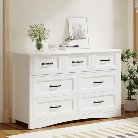 Lofka 7 Drawer Dresser for Bedroom, 47" Modern Wood Storage Dresser with 4 Large and 3 Small Drawers, Metal Handles, Chest of Drawers for Bedroom