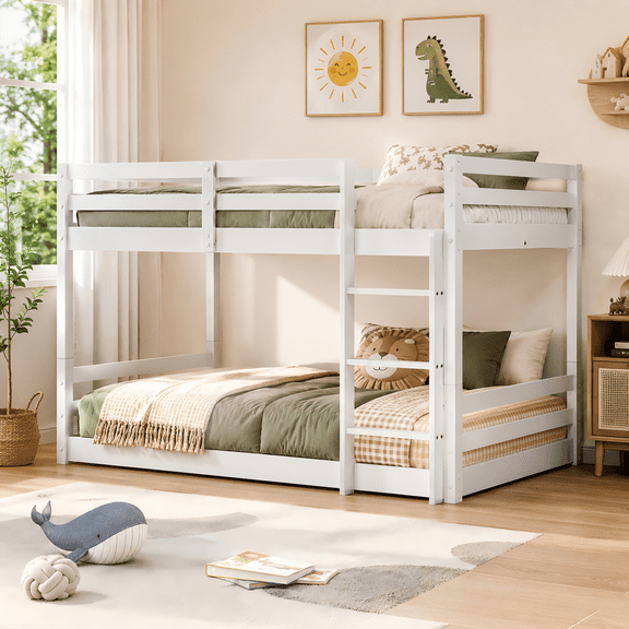Ktaxon Solid Wood Low Twin Over Twin Bunk Bed, Bunk Bed Frame with Guardrails & Ladder, No Box Spring Needed, White