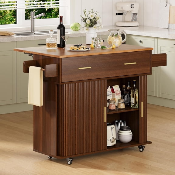 Rolling Kitchen Island with Drop Leaf Countertop&Ample Storage - 39.4" Small Mobile Kitchen Cart On Wheels with Sliding Door,Drawers,Spice Rack & 2-Tier Storage (Walnut)