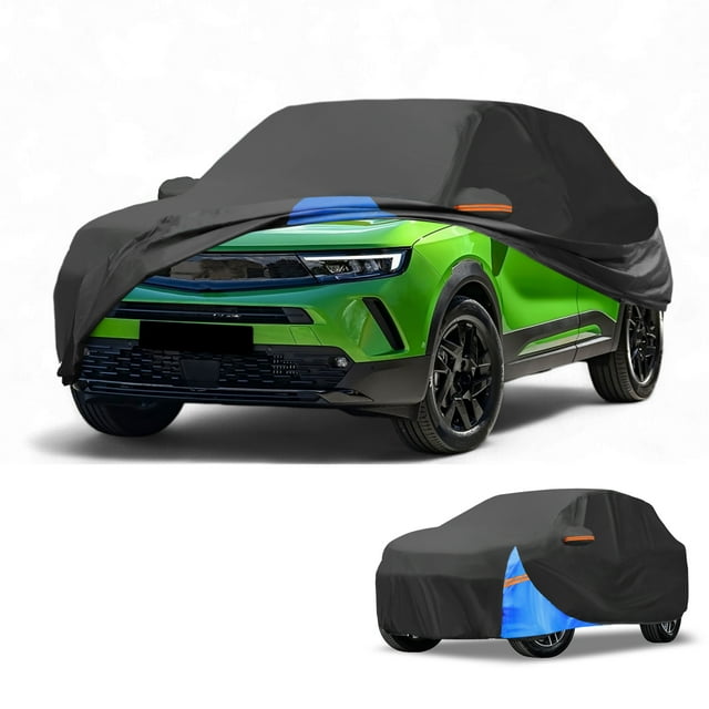 Funda para automóvil Unique Bargains impermeable para todo clima, protección exterior completa contra el sol y la lluvia para Vauxhall Mokka 210D-PU negro azul con franjas reflectantes