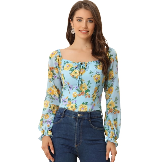 Top floral fruncido para mujer elegante blusa de manga larga con cuello cuadrado Azul Claro M