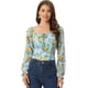 thumbnail image 1 of Top floral fruncido para mujer elegante blusa de manga larga con cuello cuadrado Azul Claro S, 1 of 5