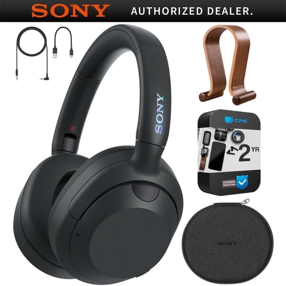 Sony WHULT900N/B ULT WEAR Noise Canceling Wireless Headphones with Alexa Built-in, Massive Bass (Black) Bundle with 2 YR Enhanced Protection Pack Wooden Headphone Stand