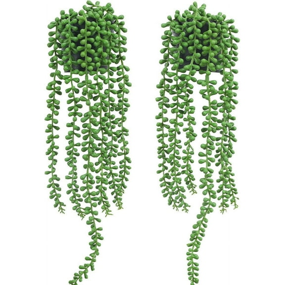 2pcs Artificial Succulents Hanging Plants 12.2'' Fake String of Pearls in Pot with 8.3'' Lanyard for Indoor Outdoor Wall Decor (Black).