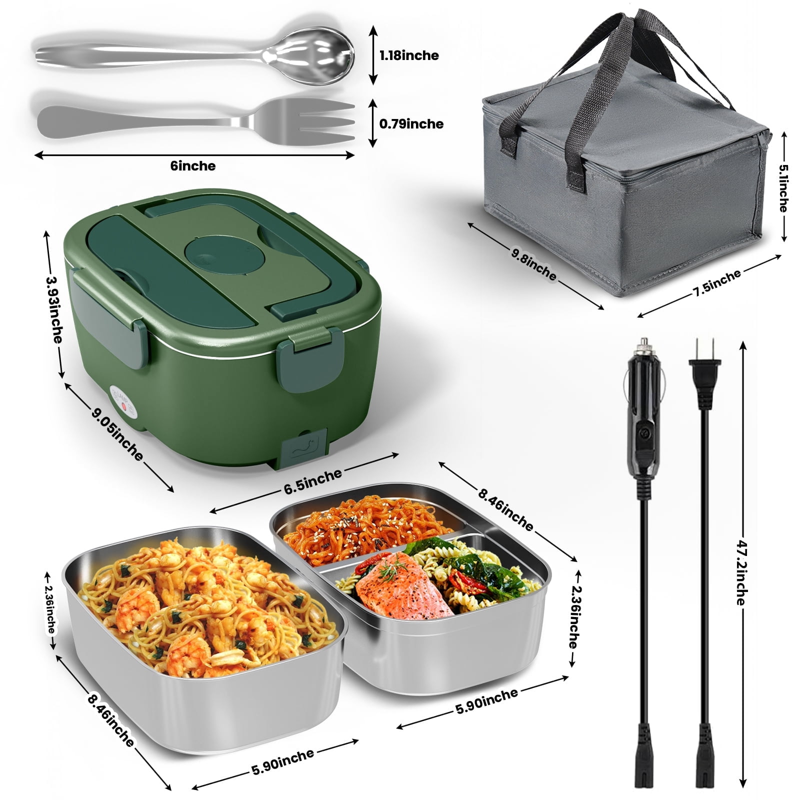 Electric Lunch Box Food Heater for Work, 80 W Food Warmer for Car Truck Travel with 2 Stainless Steel Containers 1.5 Liters Potable Self Heating lunch Box for Adults lonchera eléctrica portátil