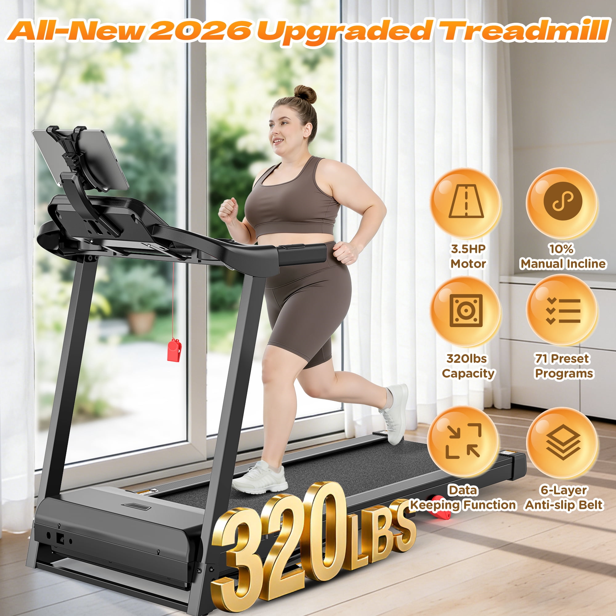 3.55HP Treadmill with 10% Incline 320lb Capacity, Foldable Home 7.5MPH Treadmill, 64+6+1 Smart Program, APP Control with Free Course, Jogging Walking Treadmill w/ Free Knee Pads