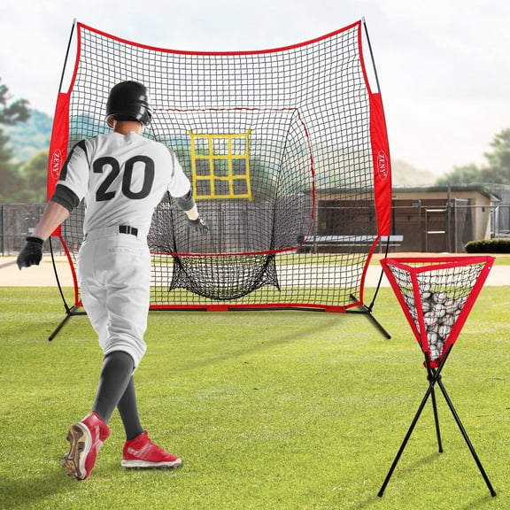 ZenSports 7FT x 7FT Baseball Softball Practice Pitching Net Set  Tripod Ball Caddy W/Strike Zone & Carrying Bag