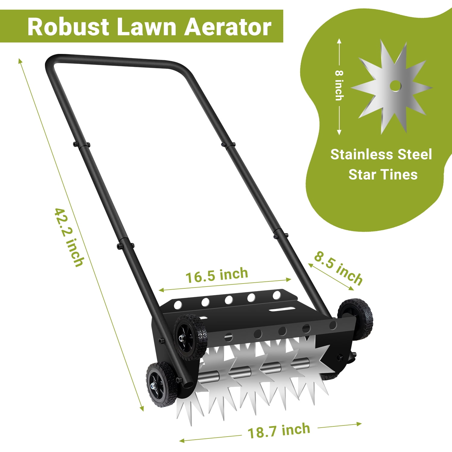 Push Spike Aerator,18Inch Push Lawn Aerator with 4 Wheels,Heavy Duty Rolling Manual Yard Aerator Lawn Tool with 45inch Handle,Suitable for Lawn Garden Yard Grass Maintenance