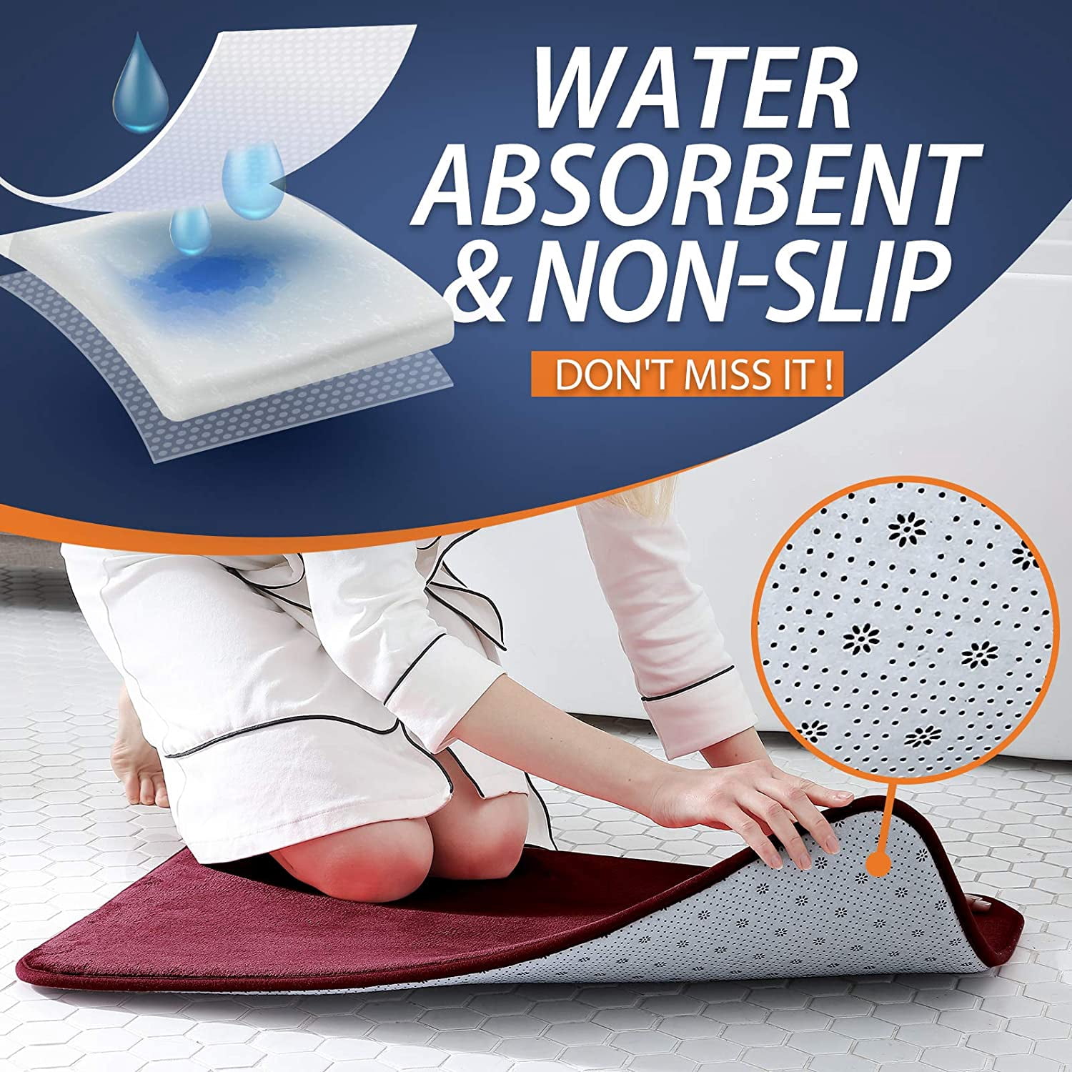 Extra Thick Memory Foam Bath Rug (17x24 Burgundy) Non Slip Absorbent Super Cozy Velvet Bathroom Mat, Luxury Soft Plush Small Carpet for Bath Room Shower Floor Tub, Machine Wash Dry