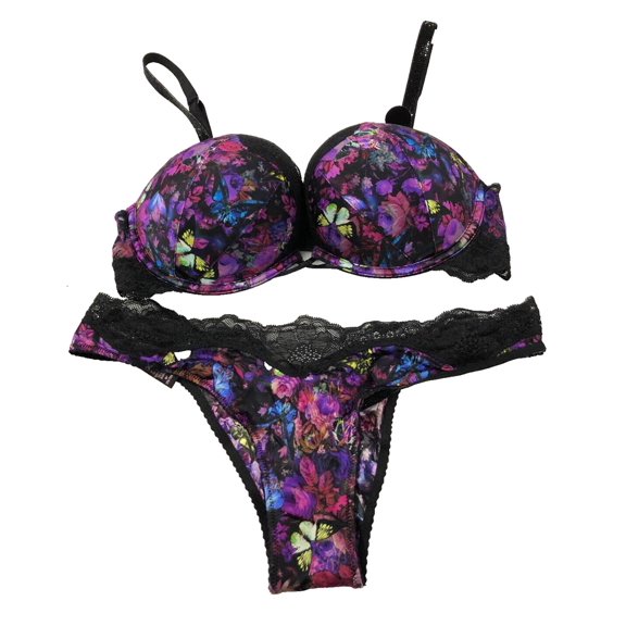Victoria's Secret Bombshell Add-2-Cups Push-up Bra Rhinestone Strap 2 Piece Set Purple Floral Butterfly Cup Size 36C Brazilian Panty NWT