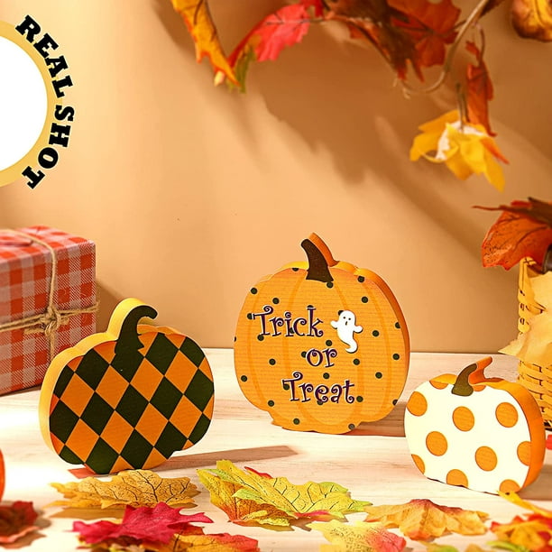 3 Pieces Fall Pumkin Table Wooden Sign Reversible Pumpkin Signs Double Side  Printed Freestanding Table Decorations Fall Sign Decor for Autumn Harvest  Thanksgiving Halloween Decoration (Happy Style) 