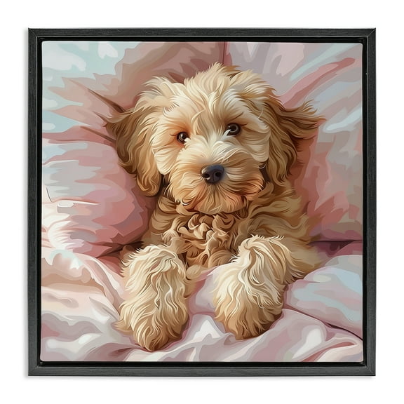 Stupell Industries Cuddling Labradoodle Bed Animals Painting Black Floater Framed Canvas Art Print Wall Art, 18 x 18