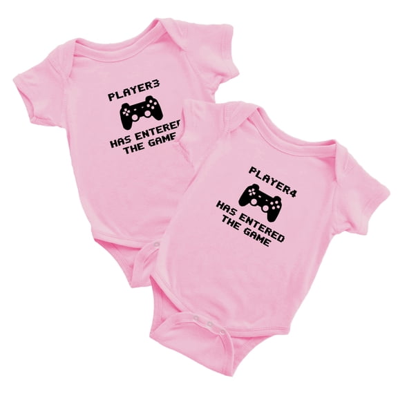 Player 3 Player 4 Has Entered The Game Funny Newborn Twins Baby Rompers Clothes (Pink, 18-24M)