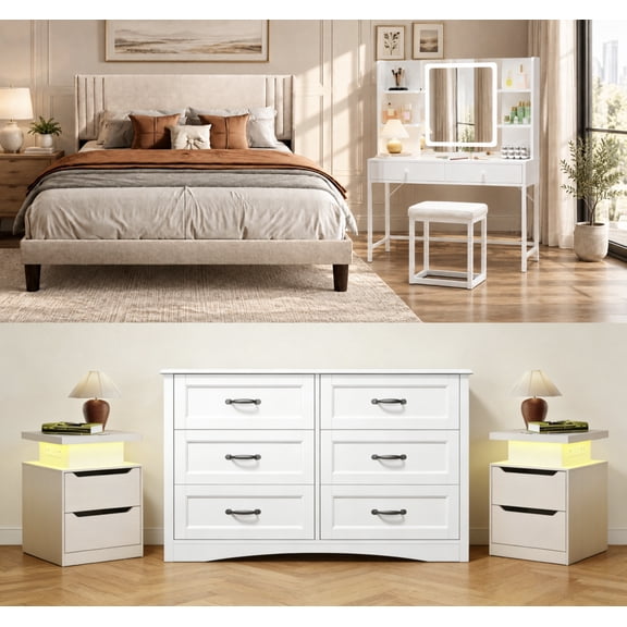 5 Pieces Bedroom Furniture Set, Includes Queen Size Bed Frame with Headboard, Vanity Desk with Mirror and Lights,6-Drawers Dressers and Nightstand Sets of 2,White