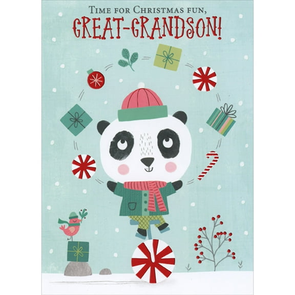 Designer Greetings Cute Panda Bear Juggling Candies and Gifts on Peppermint Unicycle Juvenile Christmas Card for Great-Grandson