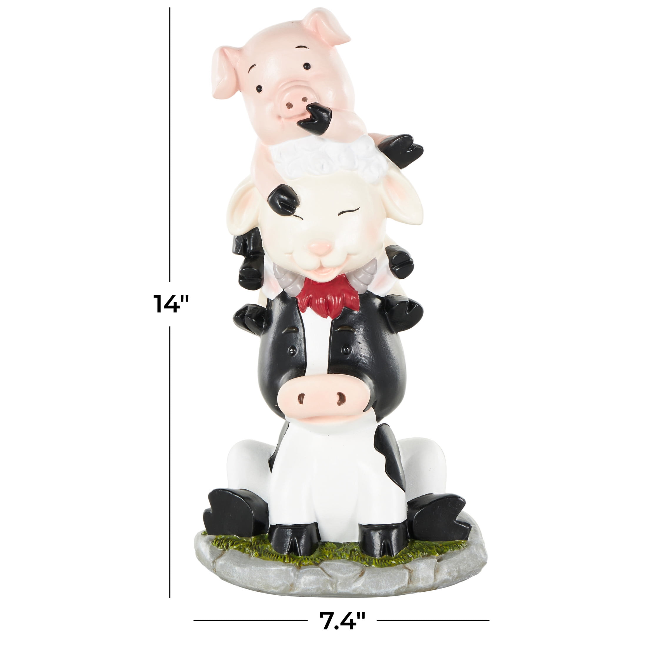 7" x 14" Multi Colored Polystone Stacked Farm Animals Sculpture with Gray and Green Accents, by DecMode