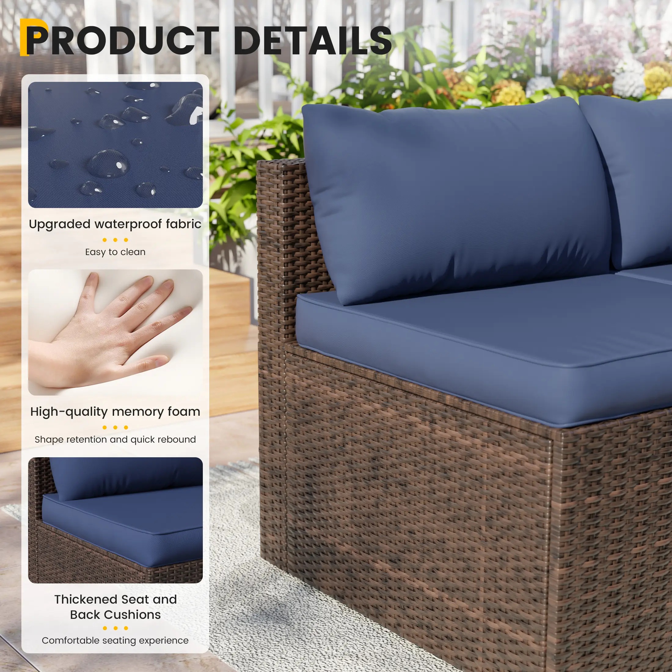 UDPATIO 5-Piece Patio Furniture Set,Outdoor Patio Furniture Set All-Weather Rattan Wicker Patio Conversation Set with Ottoman, Cushions & Glass Table for Garden & Backyard,Navy Blue