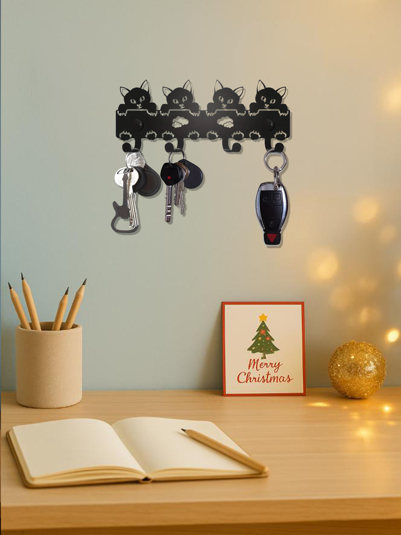 Cat Metal Keychain, Cute Wall Mounted Key Holder, Entryway Organizer Hooks, Gothic Home Decor, Aesthetic Key Storage Rack for Wall