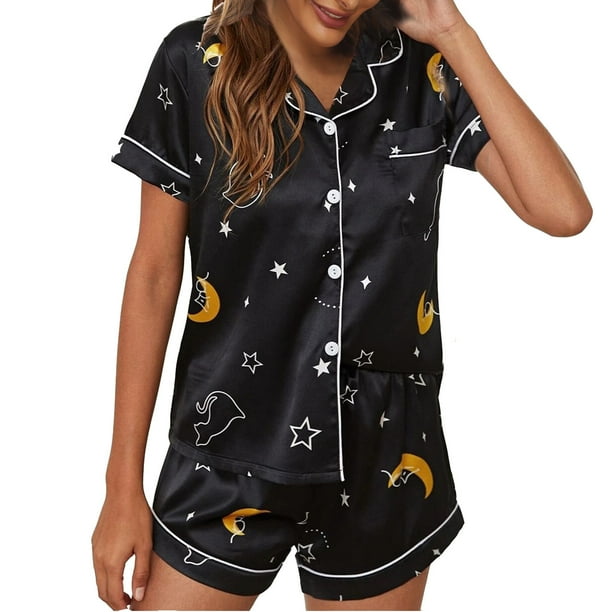 Gibobby Conjunto de pijamas para mujer Conjunto de pijamas cortos de manga corta (Negro, M)