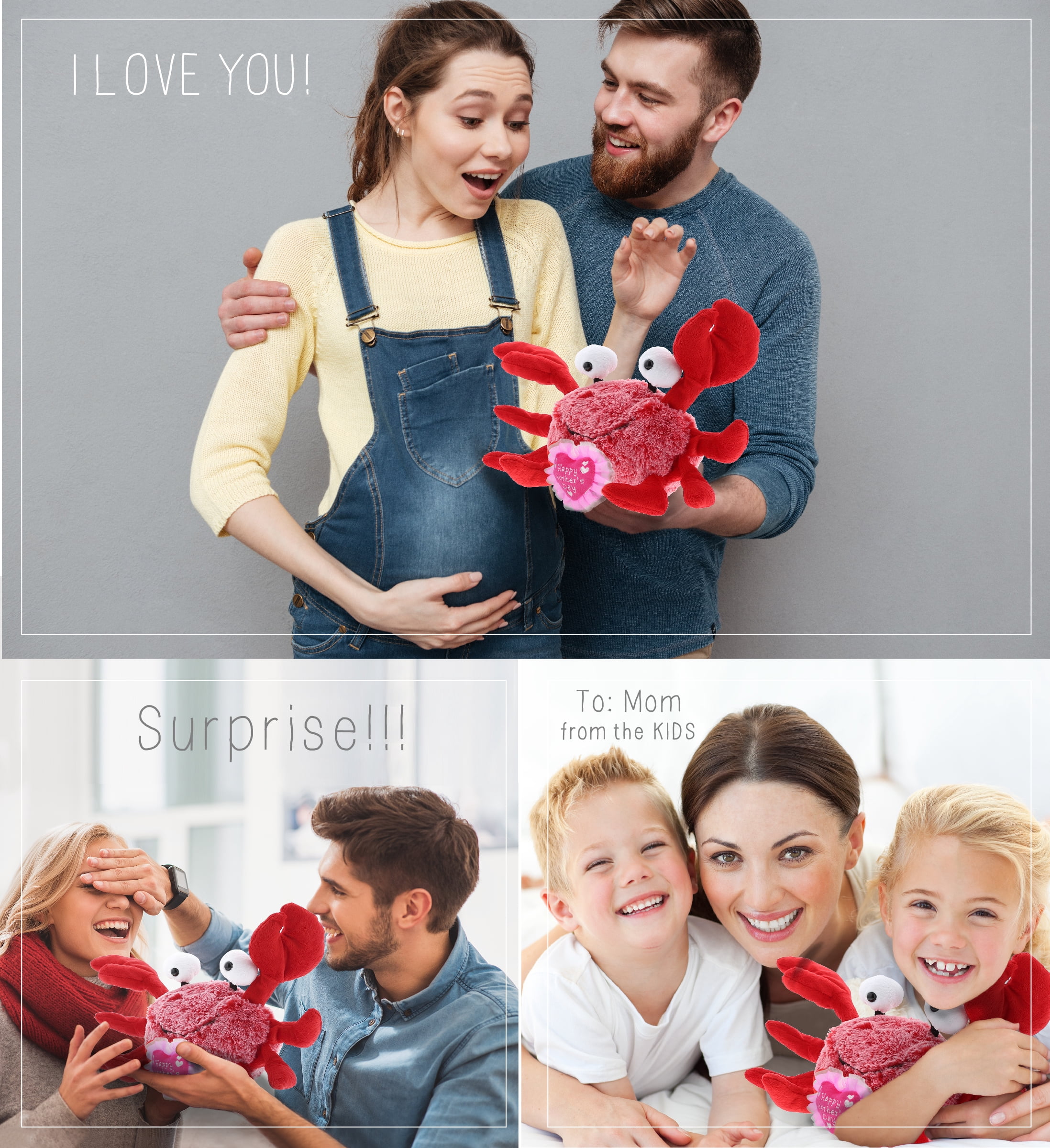 DolliBu Happy Mother's Day Super Soft Plush Red Crab - Cute Stuffed Animal Present With Pink Heart Message for Best Mommy, Grandma, Wife, Daughter - Cute Sea Life Plush Toy Gift - 12" Inches