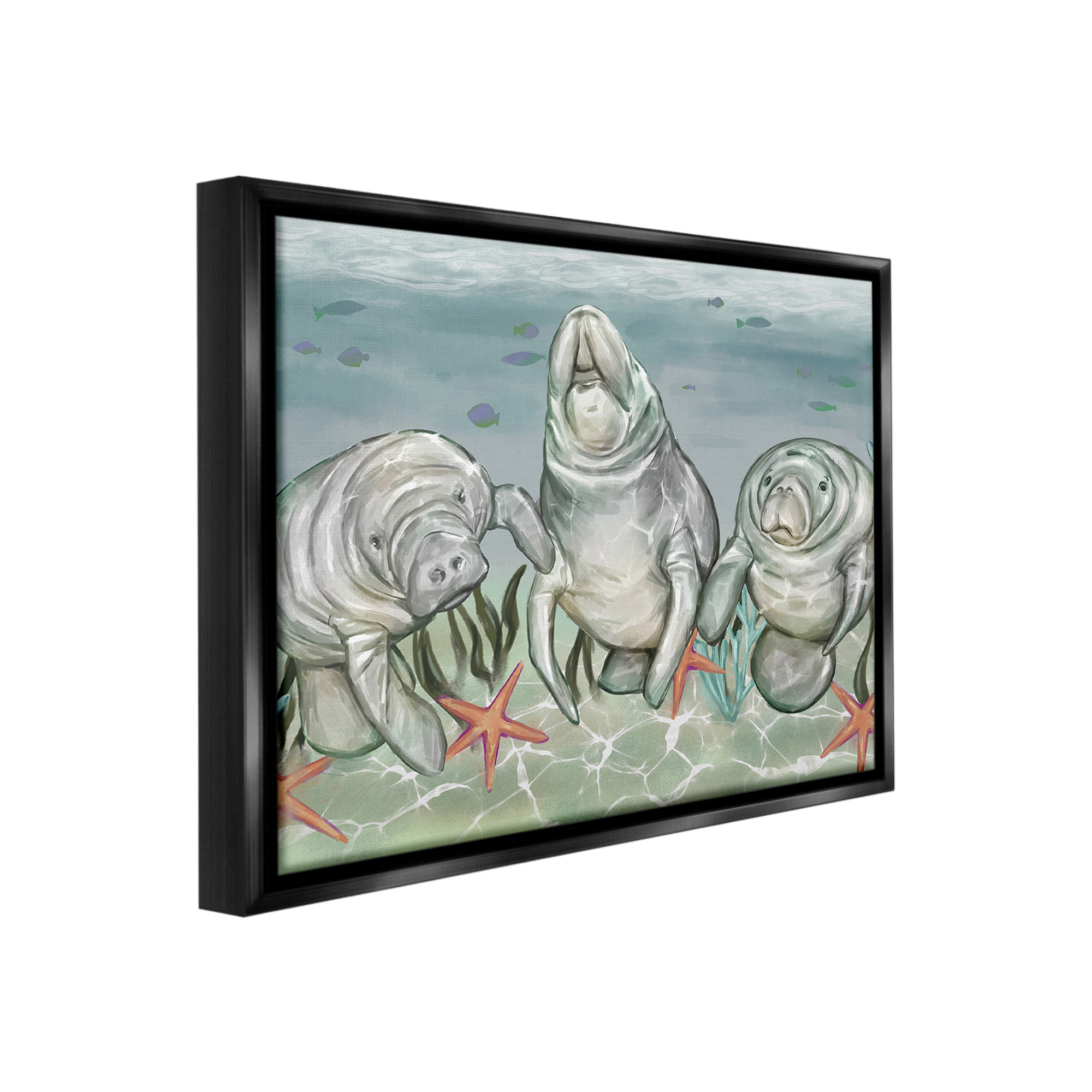Stupell Industries Underwater Manatees & Starfish Animals & Insects Painting Black Floater Framed Canvas Art Print Wall Art, 21 x 17