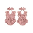 thumbnail image 3 of Aojekbee Infant Baby Girl Summer Jumpsuit Lace Sleeves Neck Bow Romper with Headband, 3 of 10