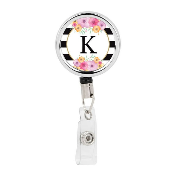 Koyal Wholesale Retractable Badge Reel Holder With Clip Modern Floral Stripes, Monogram K