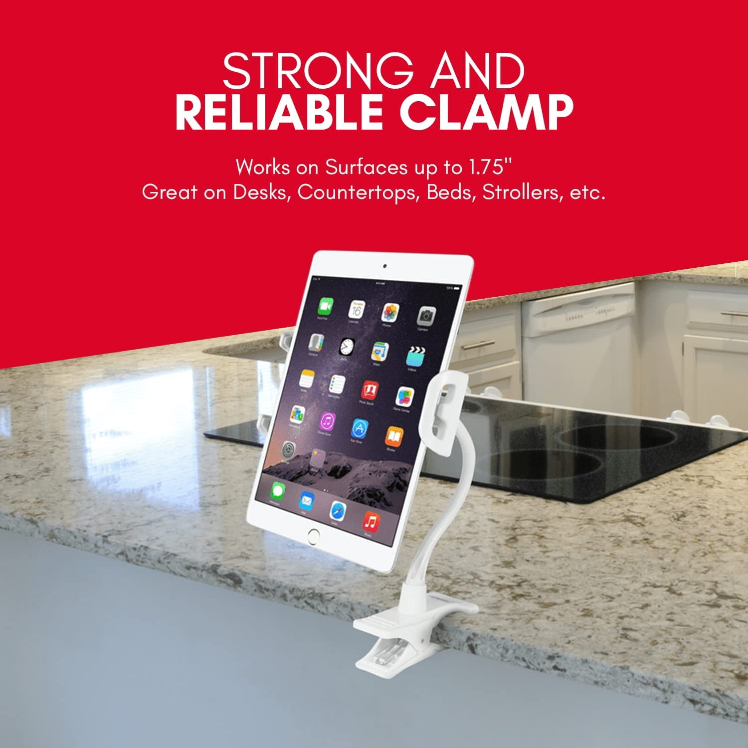Macally Adjustable Gooseneck Tablet and Phone Stand with Secure Clip for Bed, Desk, Stroller, Bike - Universal