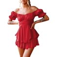 thumbnail image 3 of Vestido con volantes y hombros descubiertos, mameluco con cuello cuadrado y mangas abullonadas para mujer, vestido con vuelo de playa fluido en capas ahumadas, 3 of 5