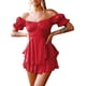 thumbnail image 3 of Vestido con volantes y hombros descubiertos, mameluco con cuello cuadrado y mangas abullonadas para mujer, vestido con vuelo de playa fluido en capas ahumadas, 3 of 5